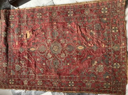 Rare 18th century Mughal Indian rug textile: Very rare silver metal thread likely Mughal carpet textile. Superb early exampleFrom an old Chicago estate.