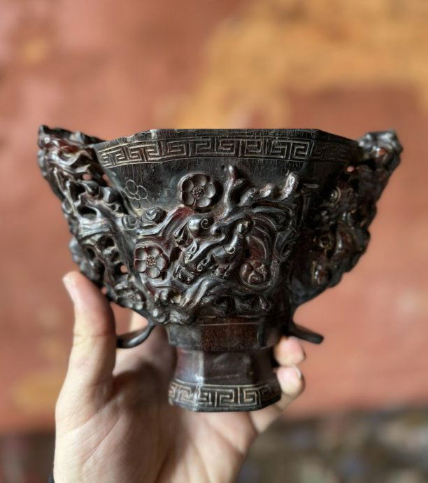 Antique Chinese Qing dynasty carved libation cup (1 of 8)