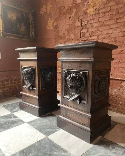 Fine pair Large 19th century Antique Victorian carved pedestal stands with original marble insets (1 of 10)