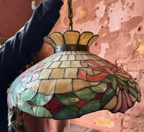 Antique Art Nouveau stained glass chandelier hanger: Large Antique Art Nouveau Stained Glass chandelier hanger