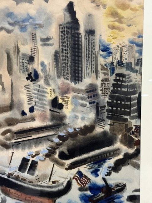 Mid century modern Modernist NYC WPA 1940’s: Amazing 1940’s or so Modernist NYC painting? Likely a WPA artist. Unsigned a wonderful early view of Manhattan. From an old NYC estate. The site is approximately just over 15 inches wide by nearly 2