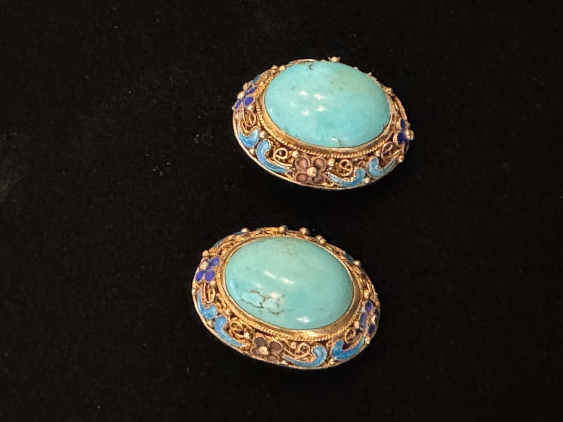 Qing dynasty Chinese turquoise and enamel earrings (1 of 3)