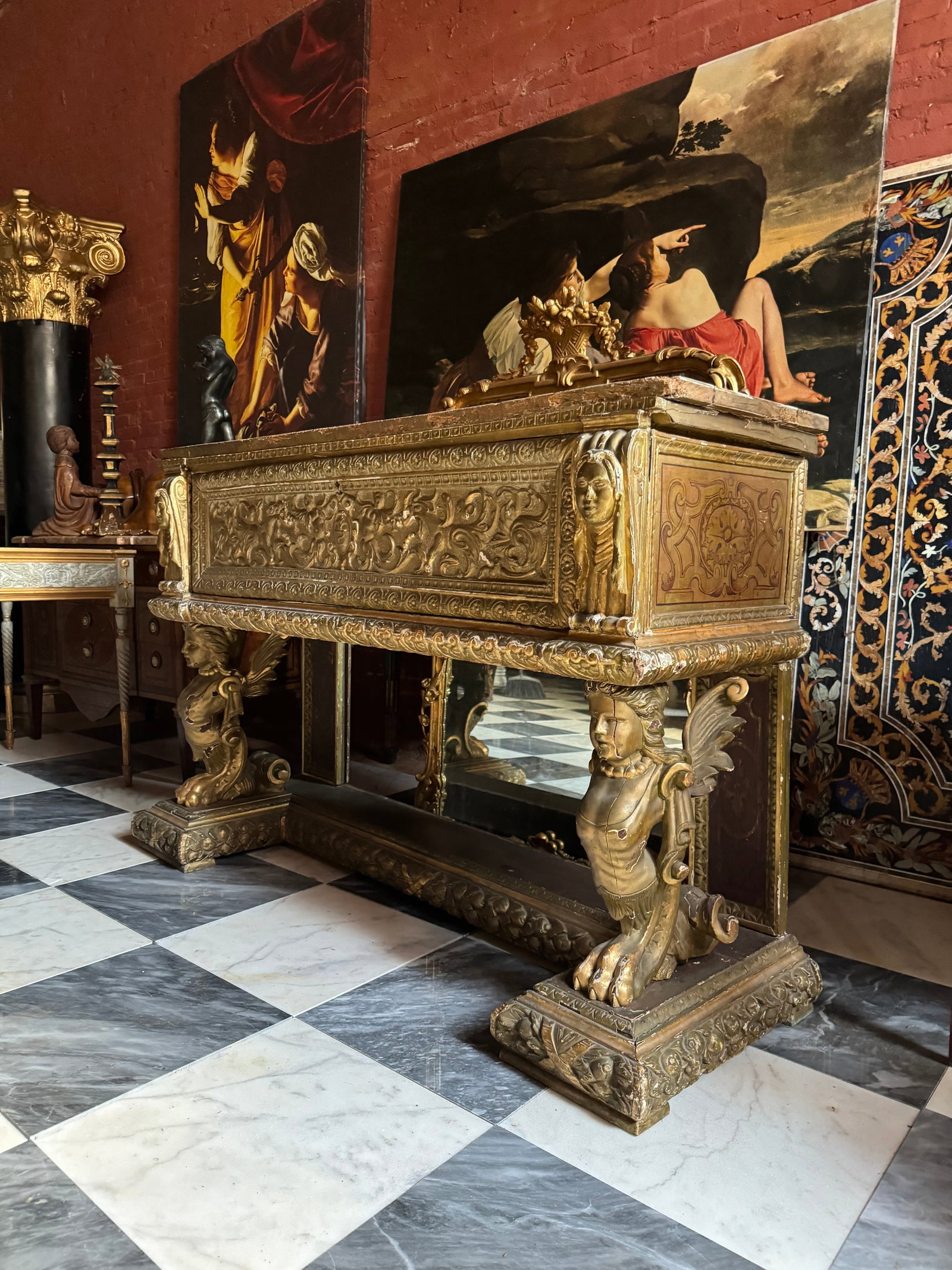 Incredible 18th century Italian? Gilt wood console: Superb early 18th century gilt wood console. Beautifully carved and gilt decorated. Retaining a vast majority of its original gilding! From an east coast estate. The overall height is 42 1/2 inches hi