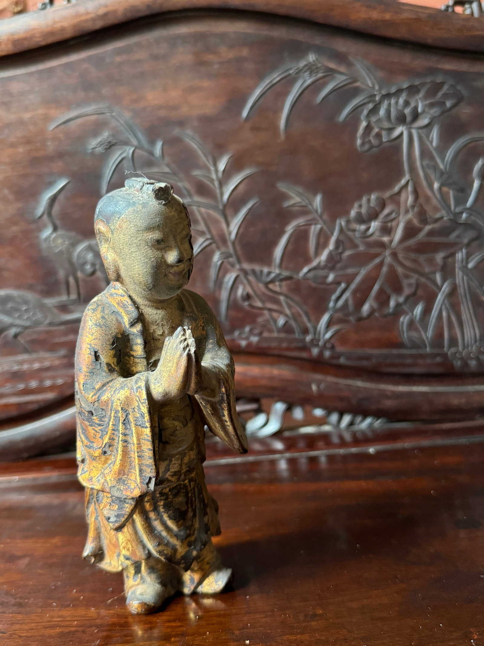 Chinese Qing dynasty carved gilt lacquer figure (1 of 3)