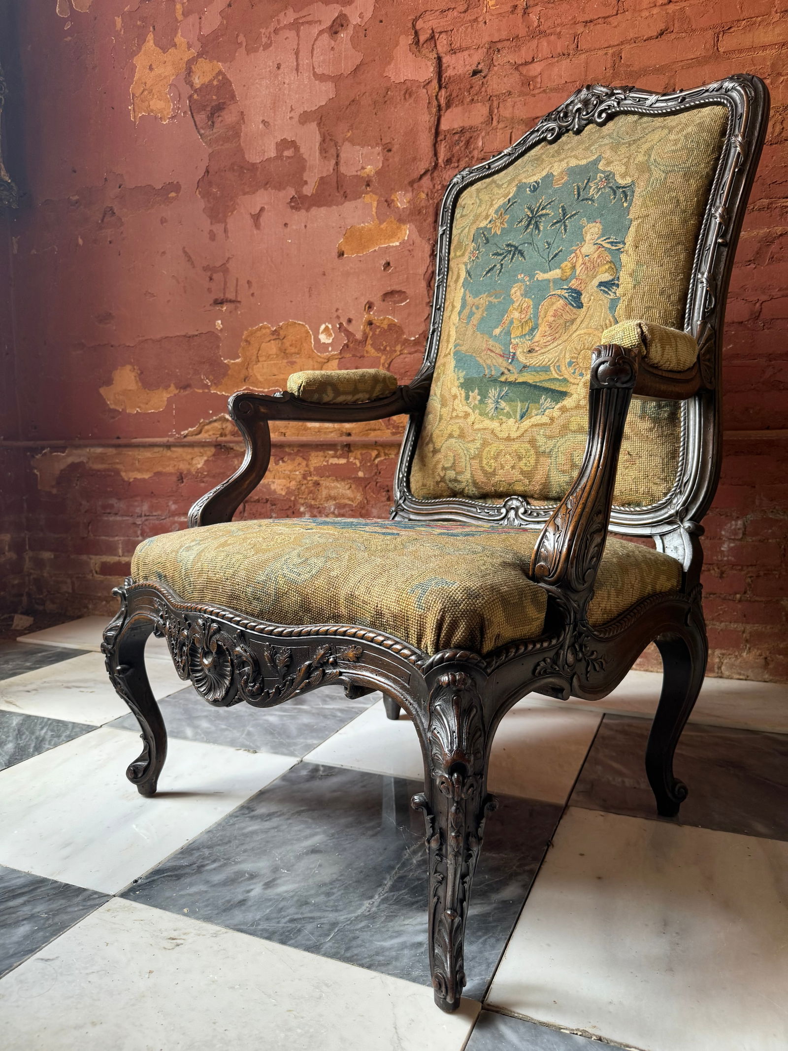 Rare 18th century English armchair original early tapestry Thomas Chippendale: Rare 18 century English? Carved armchair, retaining its original early tapestry upholstery.Of the period of Thomas Chippendale. From a New York estate.