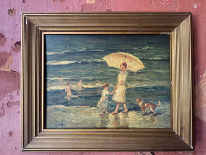 Important Edward Henry Potthast Painting: Important American impressionist painting on panel attributed to Edward Henry Potthast. This exciting work features an emblematic beach scene with children. From a fine south Florida estate. Signed lo