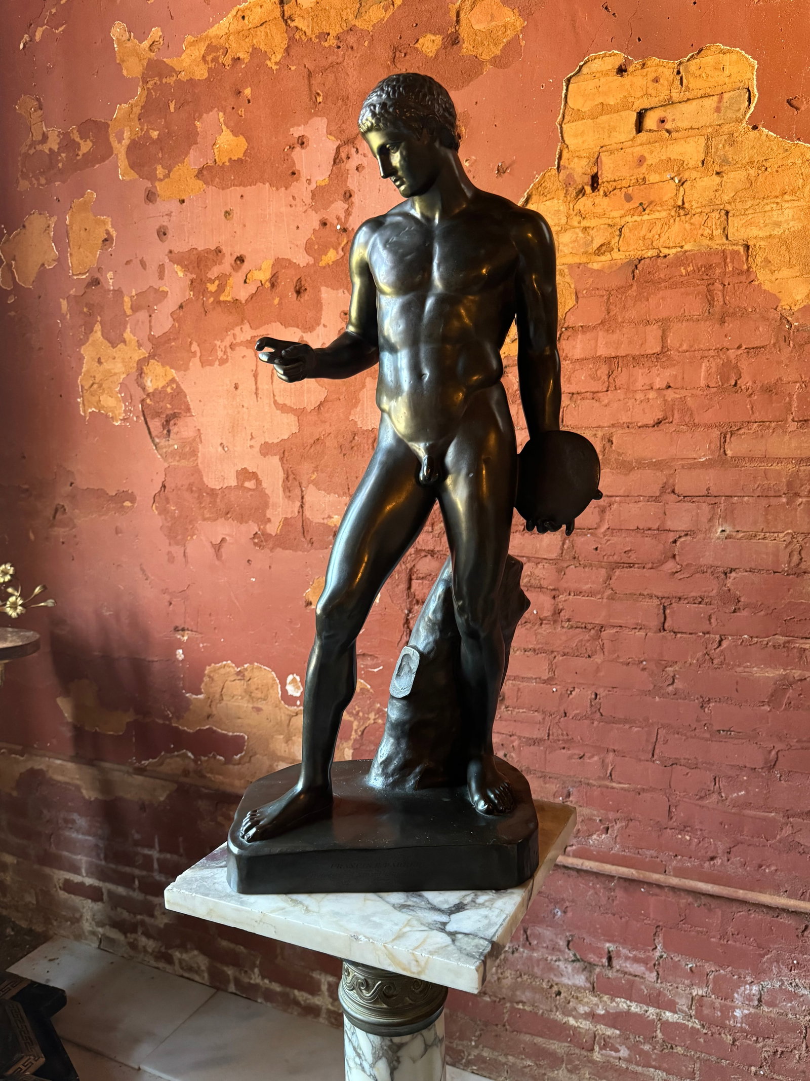 Neoclassical Bronze Roman Male Nude sculpture signed F. Barbedienne: Fine antique 19th century Grand Tour Roman gladiator male nude bronze. Signed F. Barbedienne Fonduer. The piece measures at just over 27 1/2 inches high.Additional photos and measurements will be post