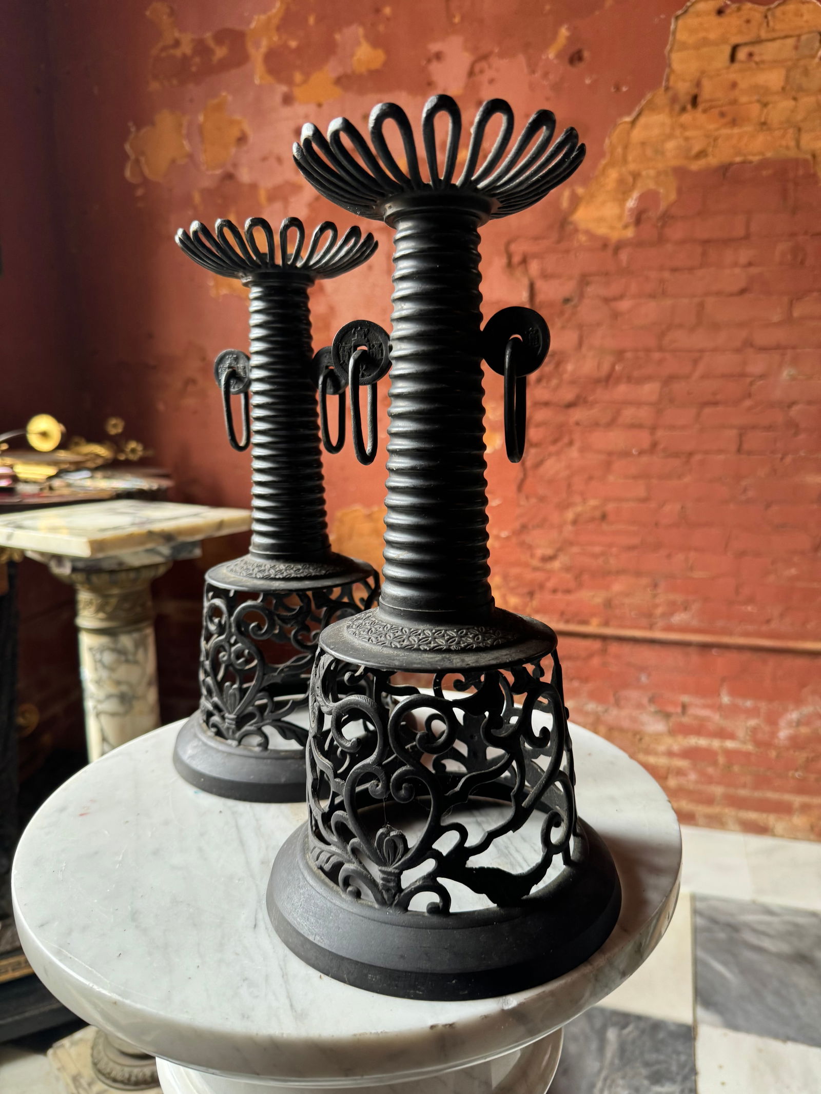 Meiji period Japanese bronze or iron Temple candlesticks (1 of 3)