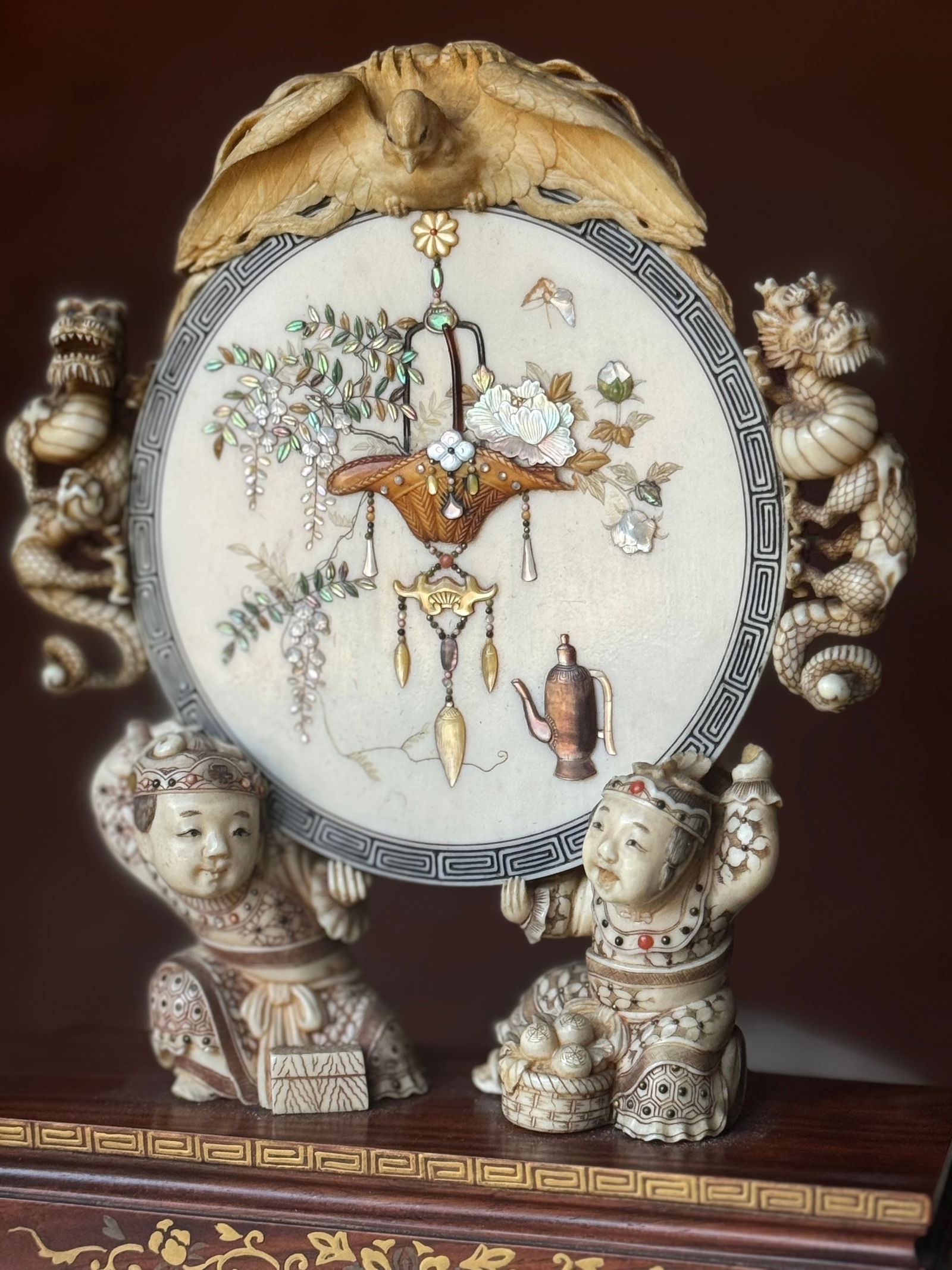 Fine Edo Period Carved Japanese Shibiyama plaque (1 of 8)