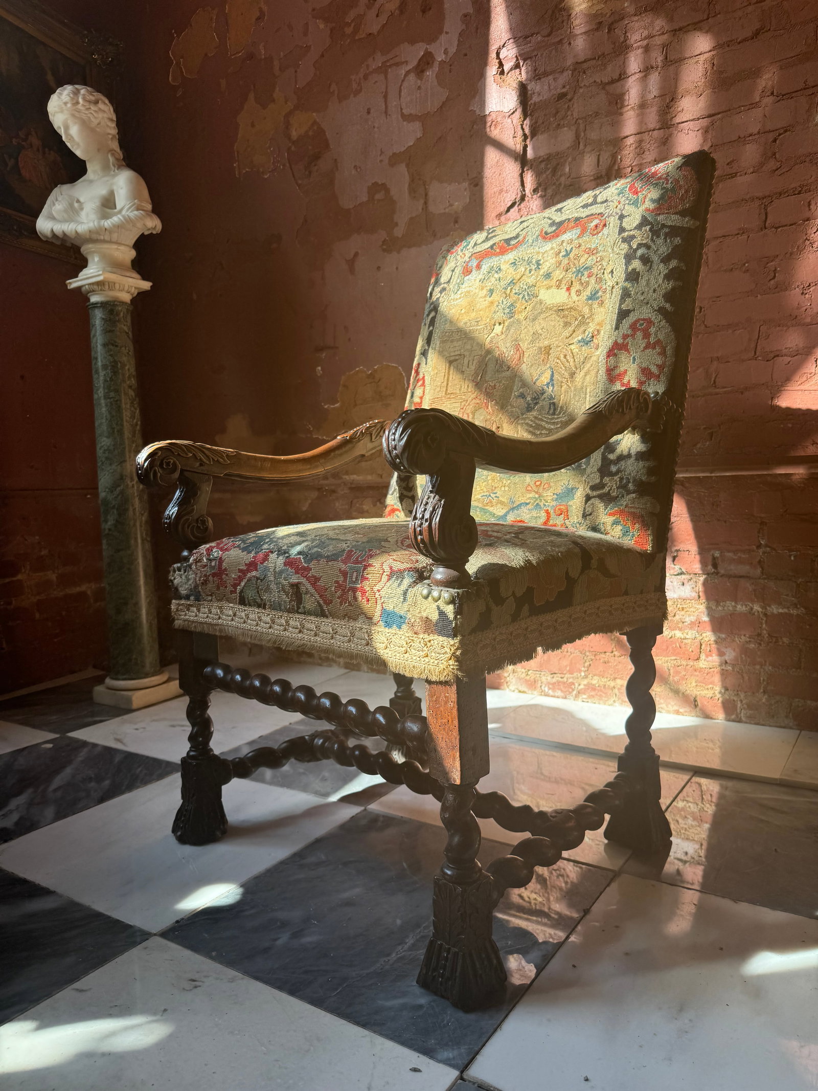 18th century French or English Carved armchair w/ Tapestry: Fine carved 18th century French or possibly English carved armchair retaining its original tapestry upholstery. Property of a fine Canadian estate. Additional photos and measurements will be added sho