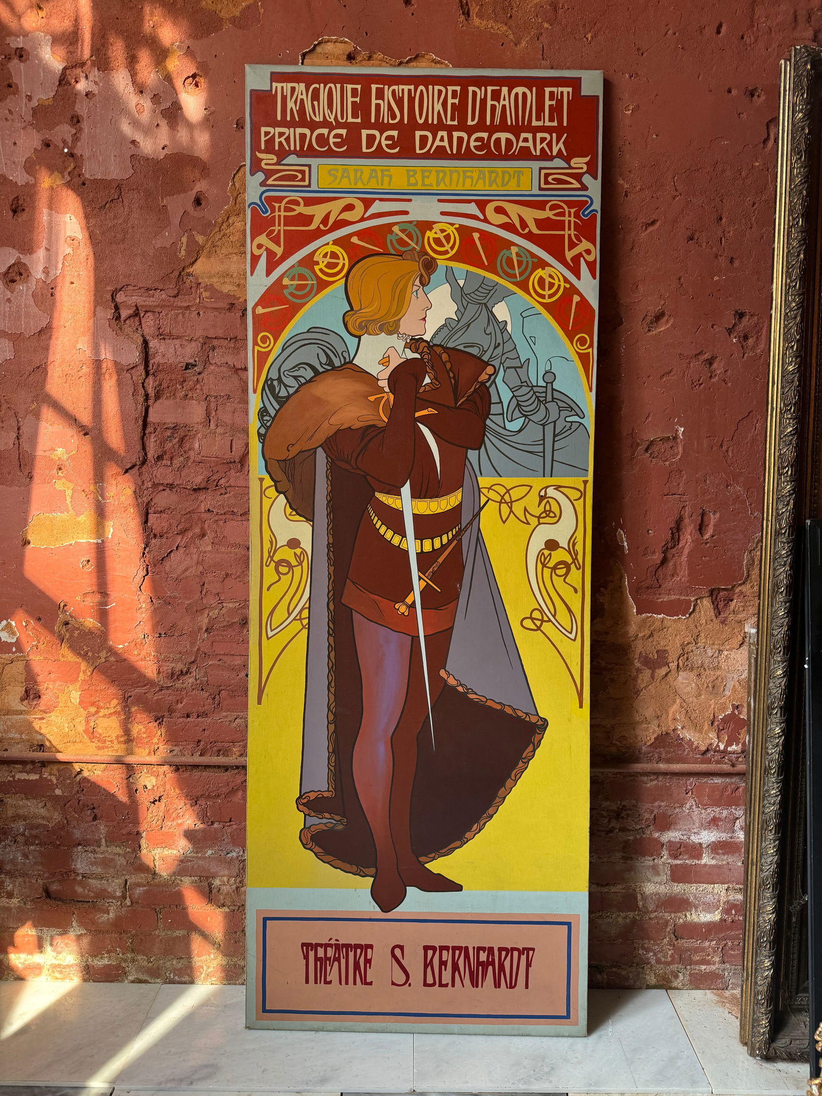 Fine Large Art Nouveau Alphonse Mucha? Painting: From a prominent New York City collection comes a very intriguing and quite large late 19th-early 20th century painting based on a designed by Alphonse Mucha. There appears to be sketching lines still