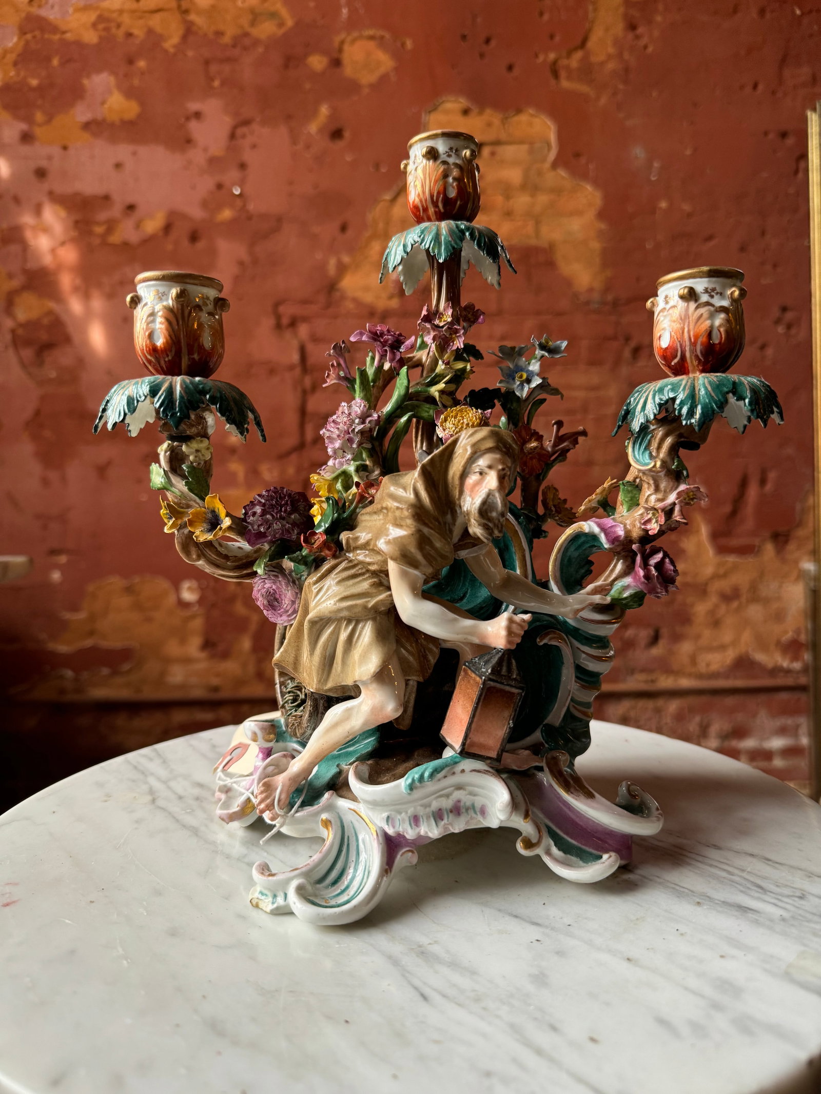Antique Meissen porcelain candelabra Diogenes with his lantern and barrel: Antique Meissen Candelabra of Diogenes with his lantern and barrel. Marked. Additional photos and measurements to follow..