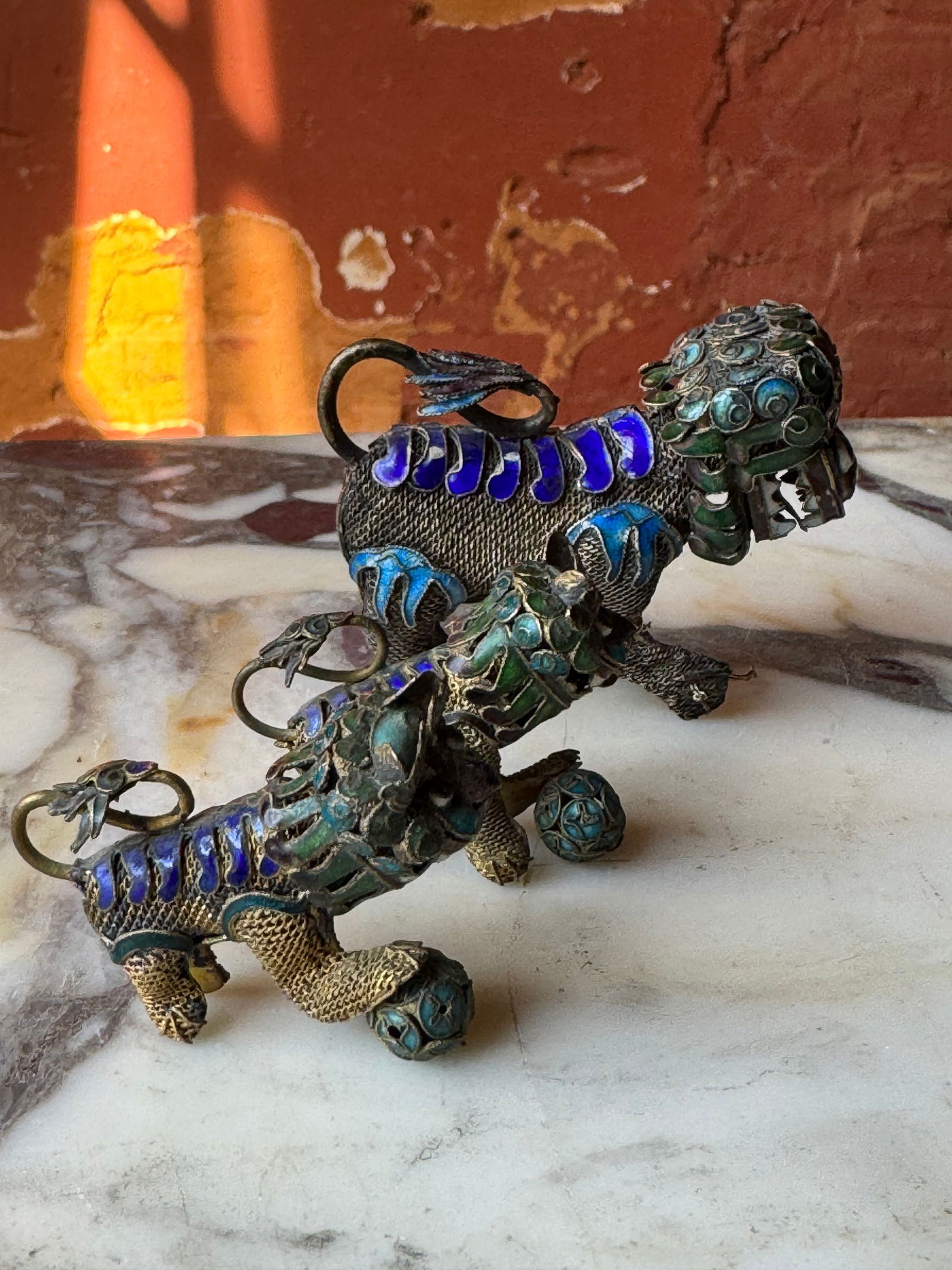 Set of three late Qing Dynasty Silver and enamel Foo Dogs (1 of 1)