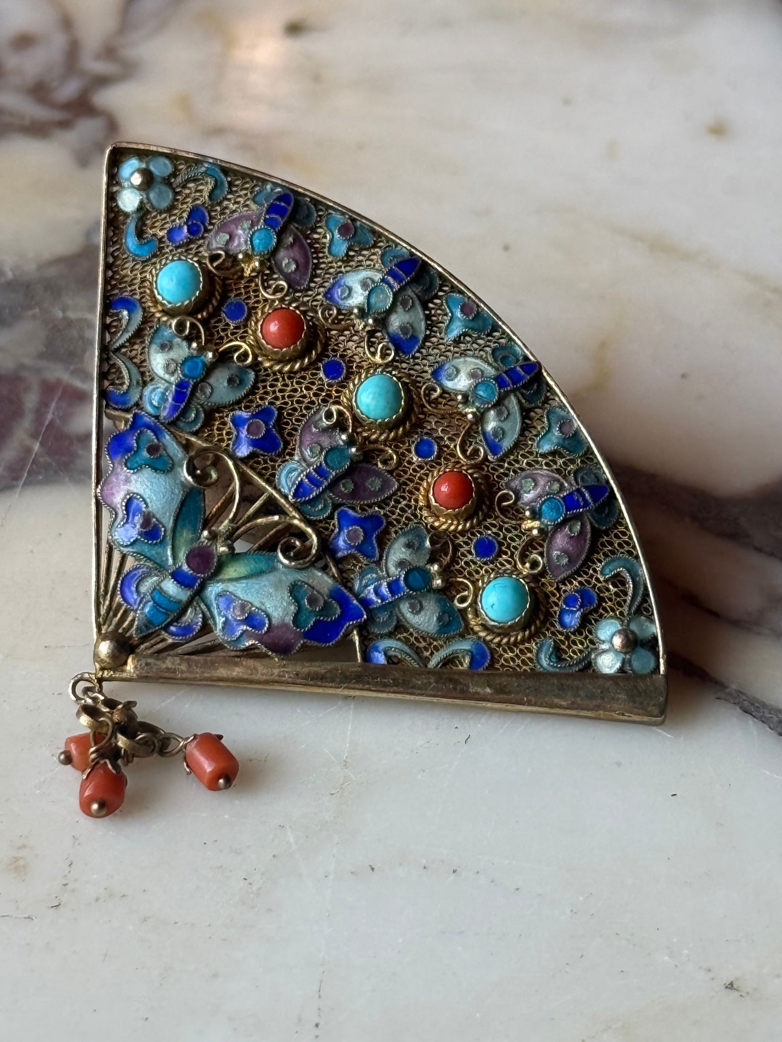 Fine Qing dynasty silver enamel fan brooch (1 of 3)