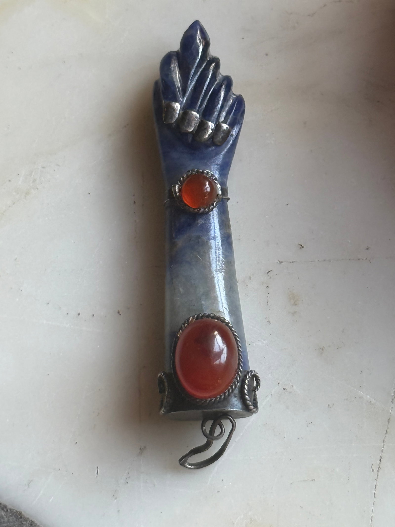 Antique lapis, coral, cornelian and silver figa charm: Fine antique Lapis figs charm. 19th century