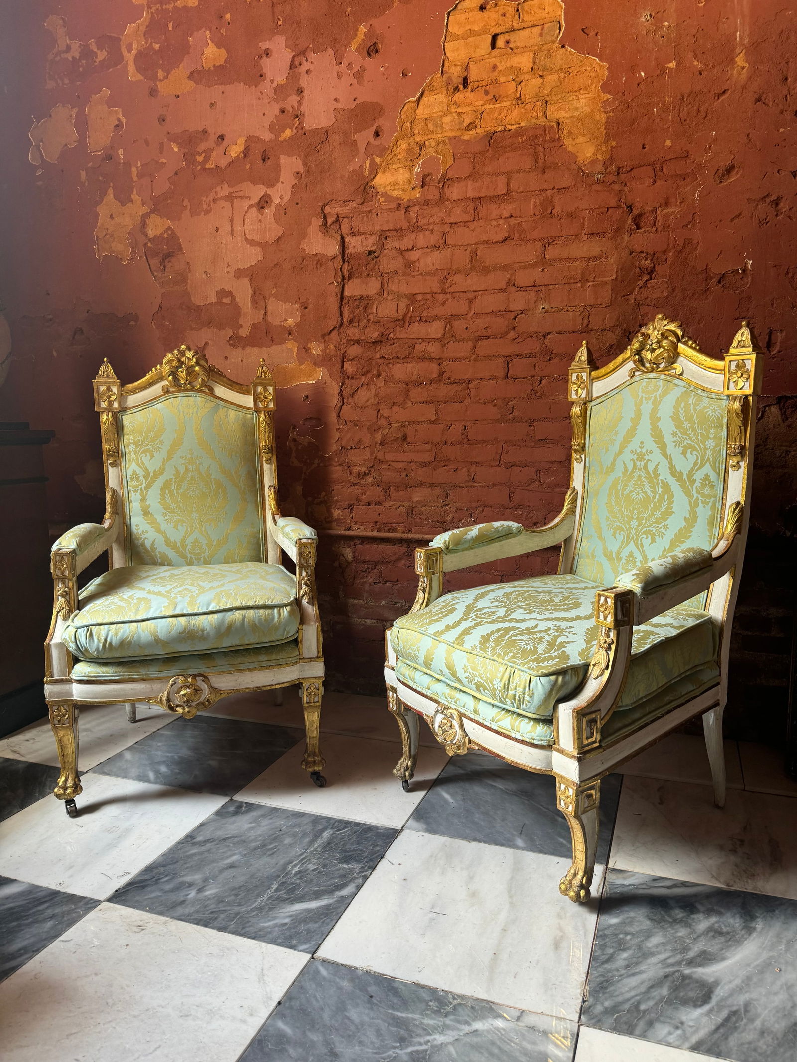 Fine Antique Italian Armchairs 19th century: Very fine recently recovered anntique Venitian Armchairs. Finished in fabulous Italian silk. From a beautiful palm beach estate