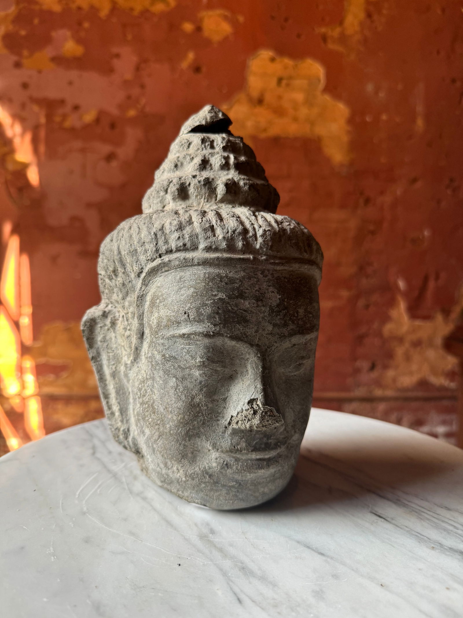 Early Cambodian southeast Asian stone Head: Early Cambodian Southeast Asian Stonehead. From a prominent northeastern collection.