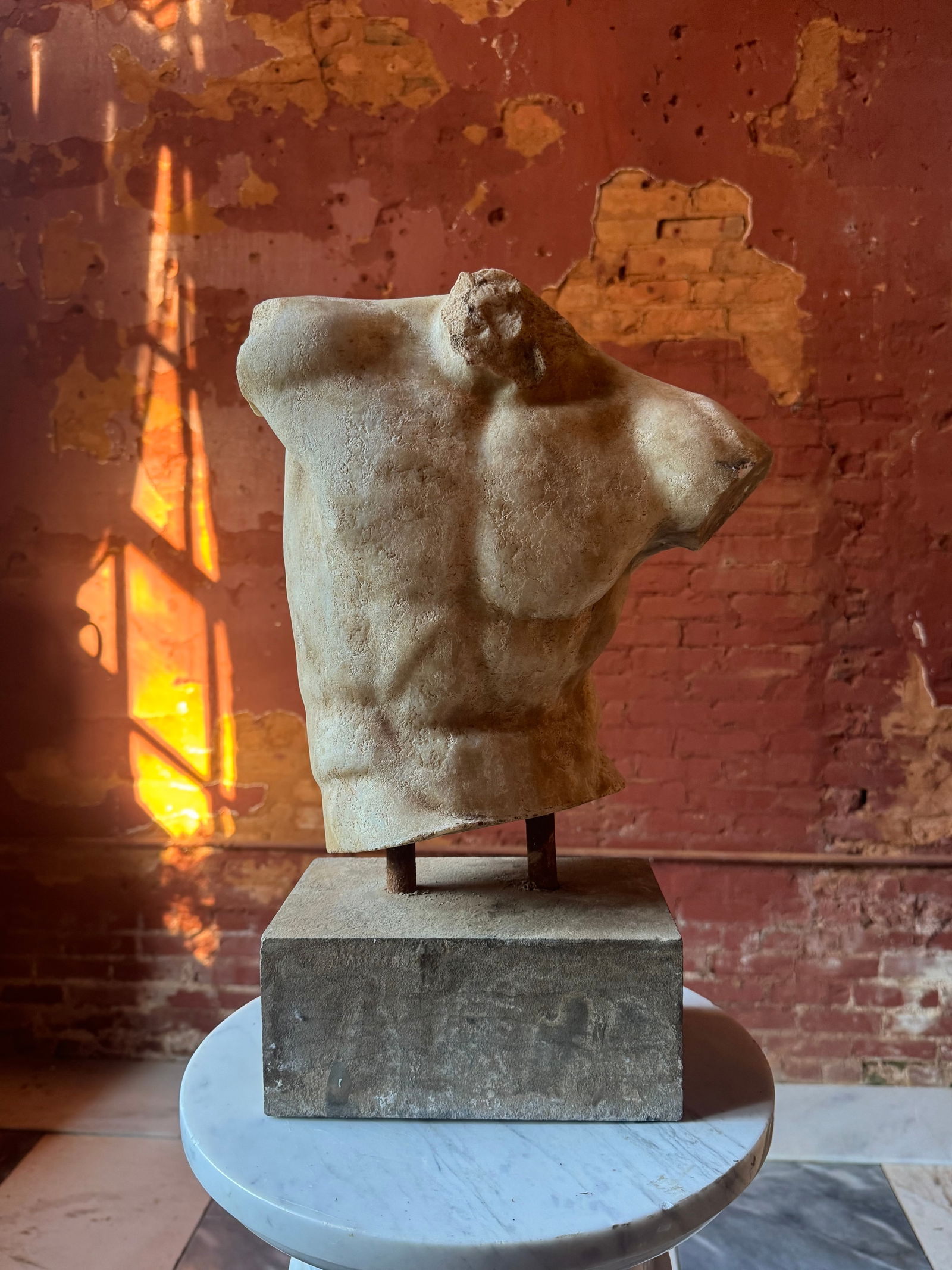 Roman Marble Torso Male Nude: Fine Roman marble sculpture of an athlete. Likely grand tour period or possibly much earlier. Mounted on a heavy anchored base. In as found condition. From a fine Atlanta collection.