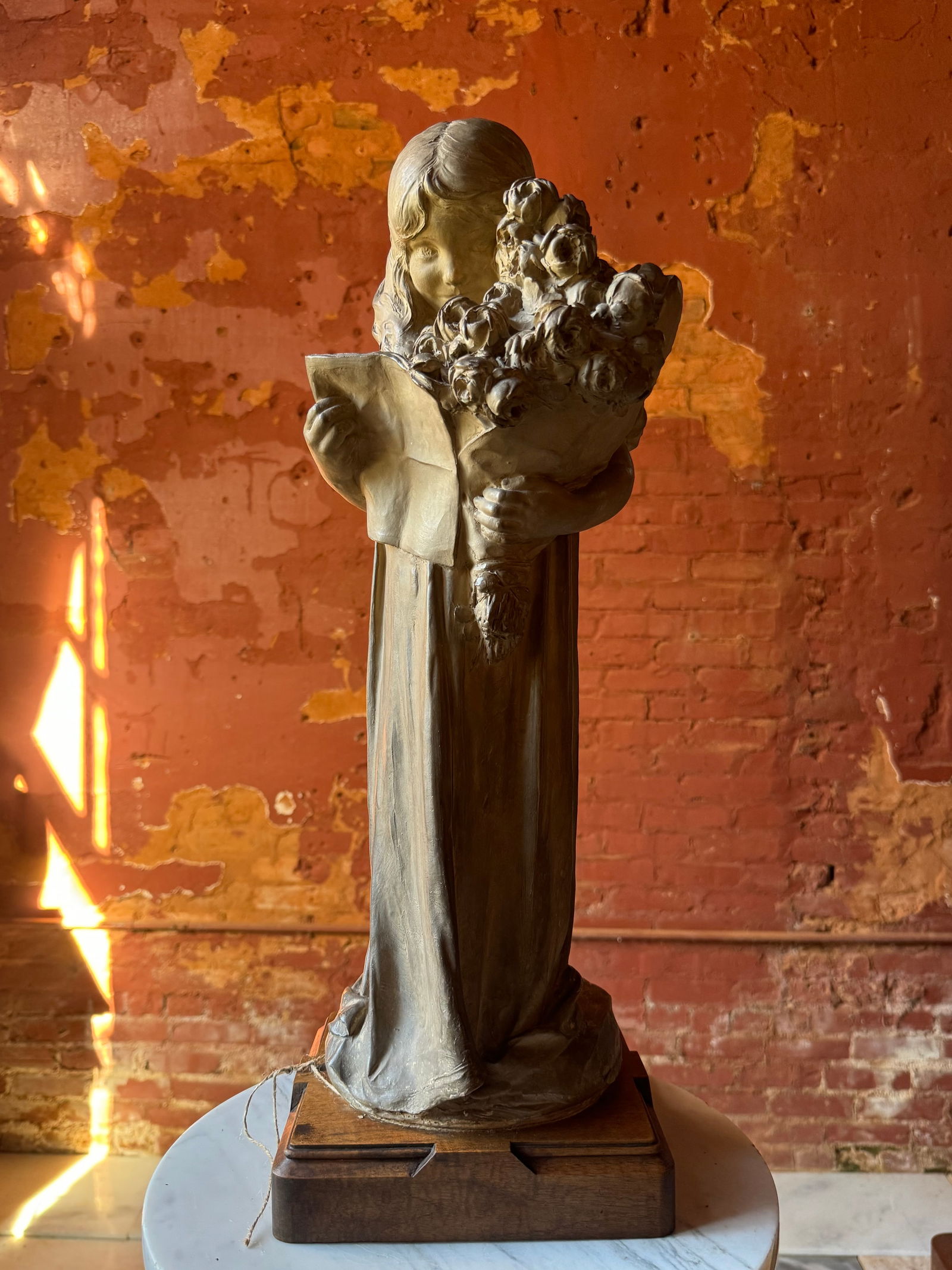 Rare French Art Nouveau sculpture by Max Blondat: MAX BLONDAT (Crain, Burgundy, 1872 - Paris, 1925). "Le jour de fÃªte". Terracotta. This exquisite example of French Art nouveau sculpture is masterfully rendered work in terracotta. The sculpture pr