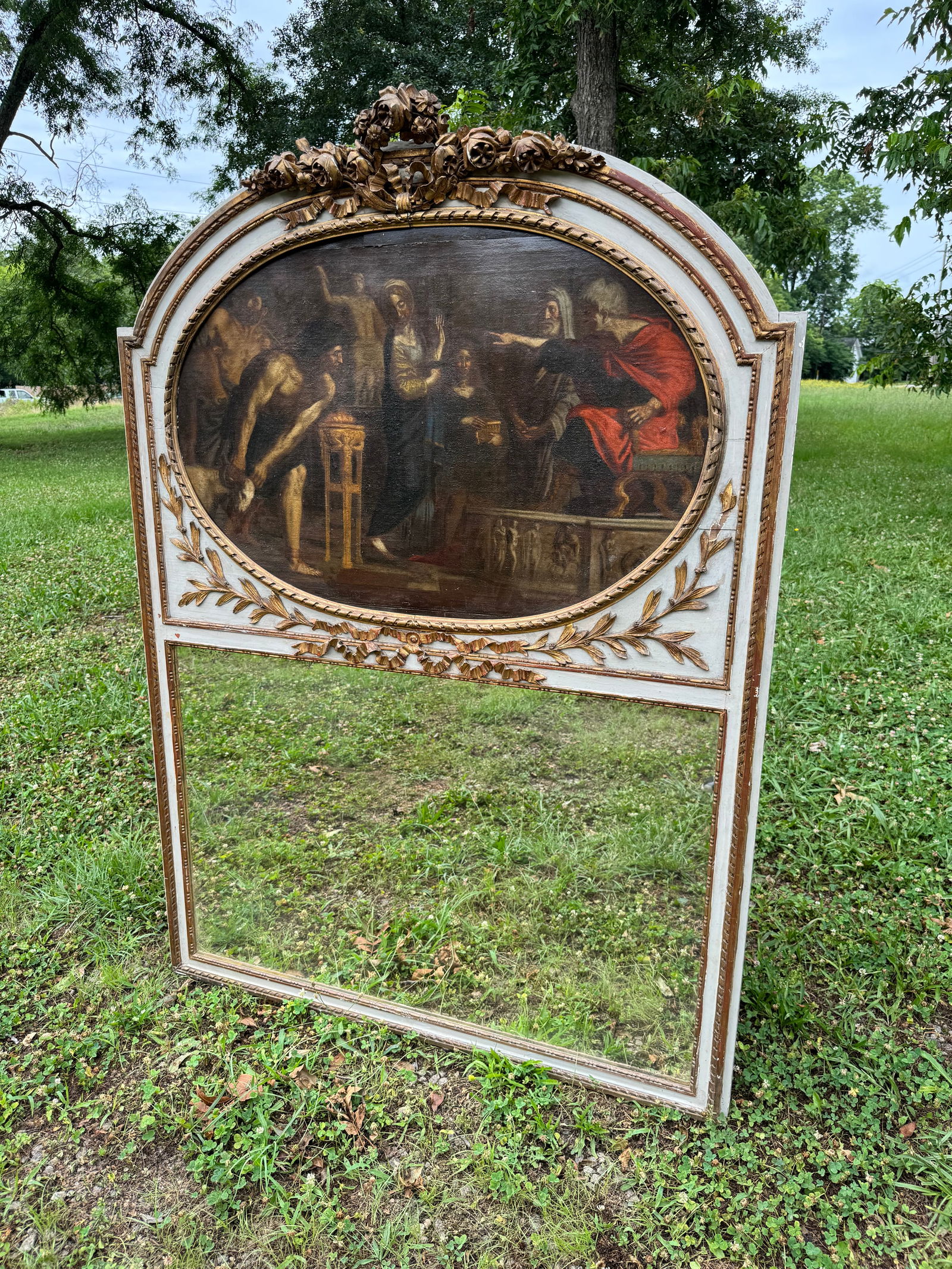 Fine French 18th century Mirror Old Master Painting: Fine antique 18th/19th century Gilt Mirror featuring an old master 18th century painting. Very fine.