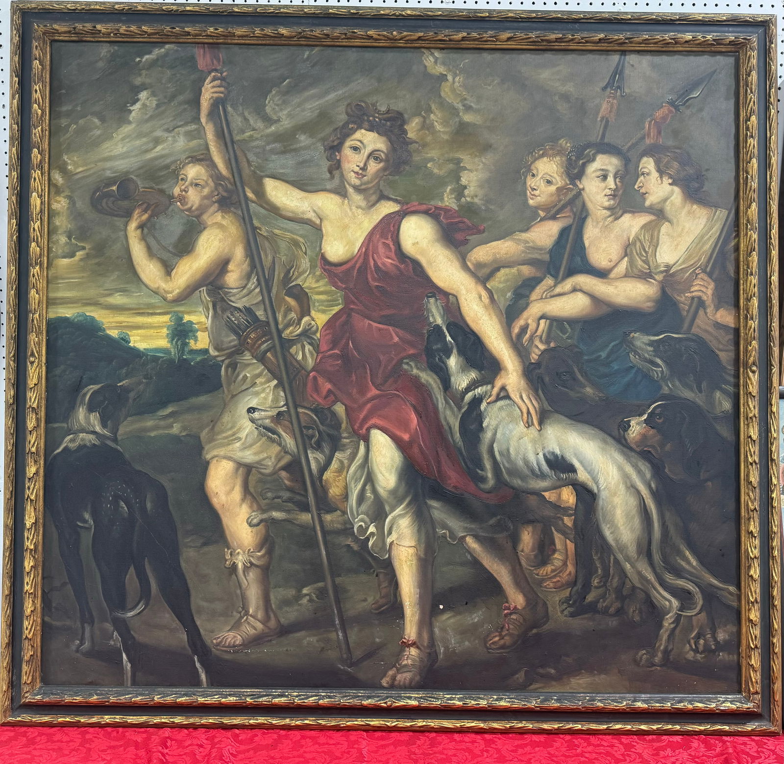 Monumental Antique old master Painting: Monumental Antique old master painting, 19th century or earlier. Purchased in France 40 years ago by the previous owner. Measuring an approximately 4 1/2‘ x 4 1/2 ft.