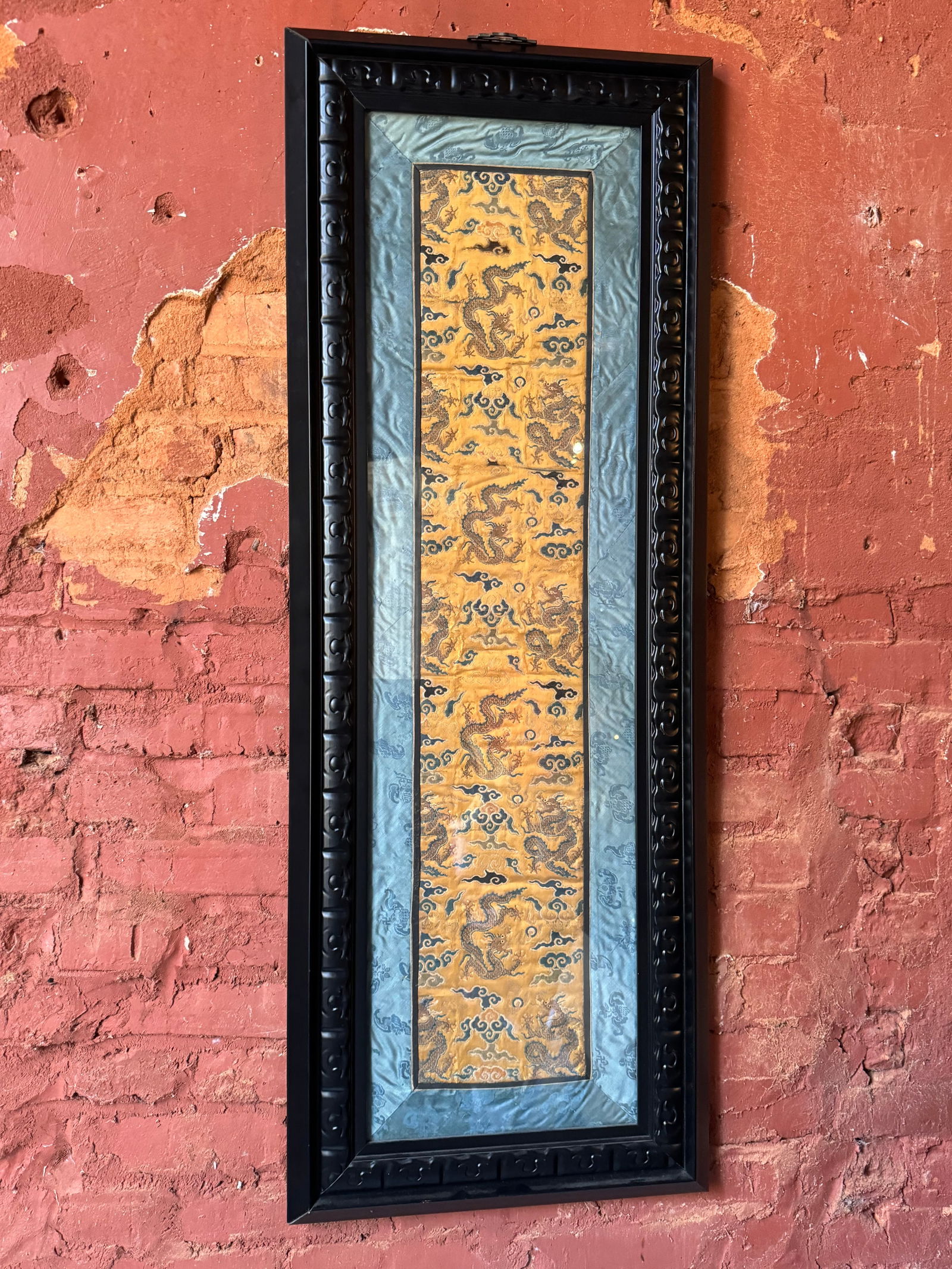 Rare Kangxi Qianlong Imperial silk Dragon banner: Rare 17th-18th century Imperial workshop Five claw dragon banner. Kangxi/Qianlong period framed. The piece of self measures it about 15“ x 35“. Gold metal threading throughout. An exceptional exam