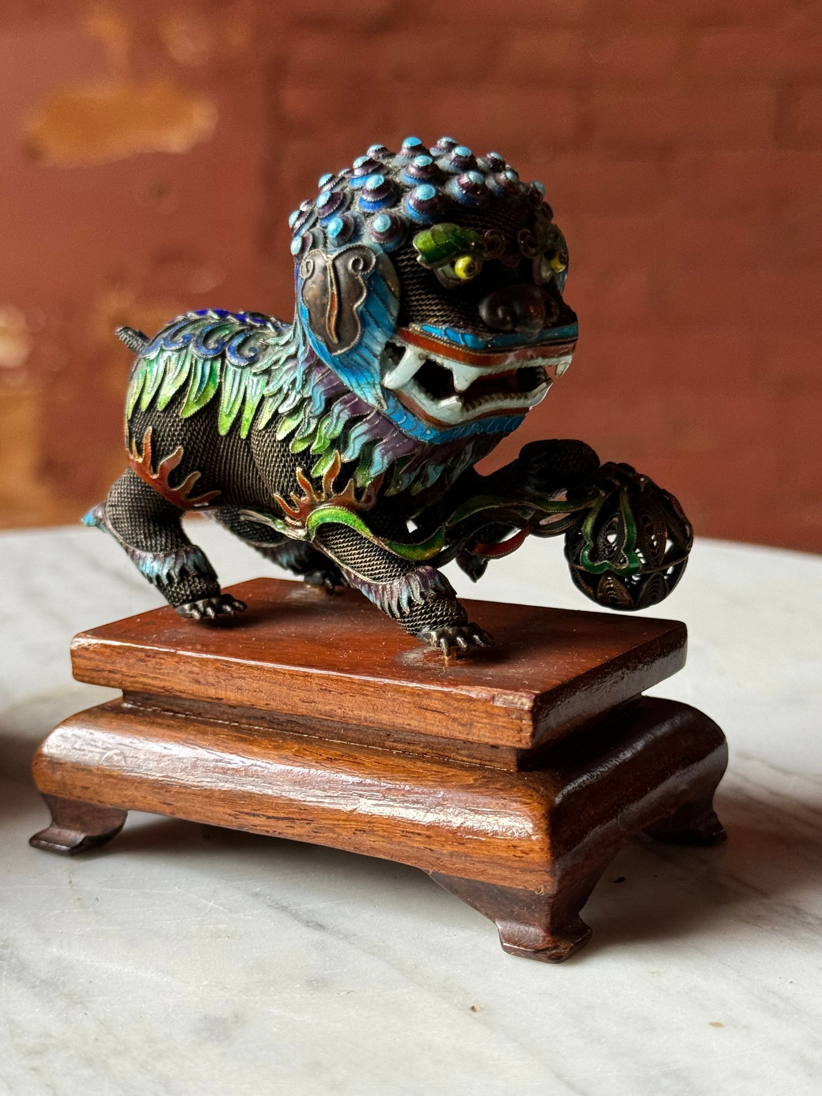 Qing dynasty Silver and enamel Foo Dog sculpture (1 of 5)