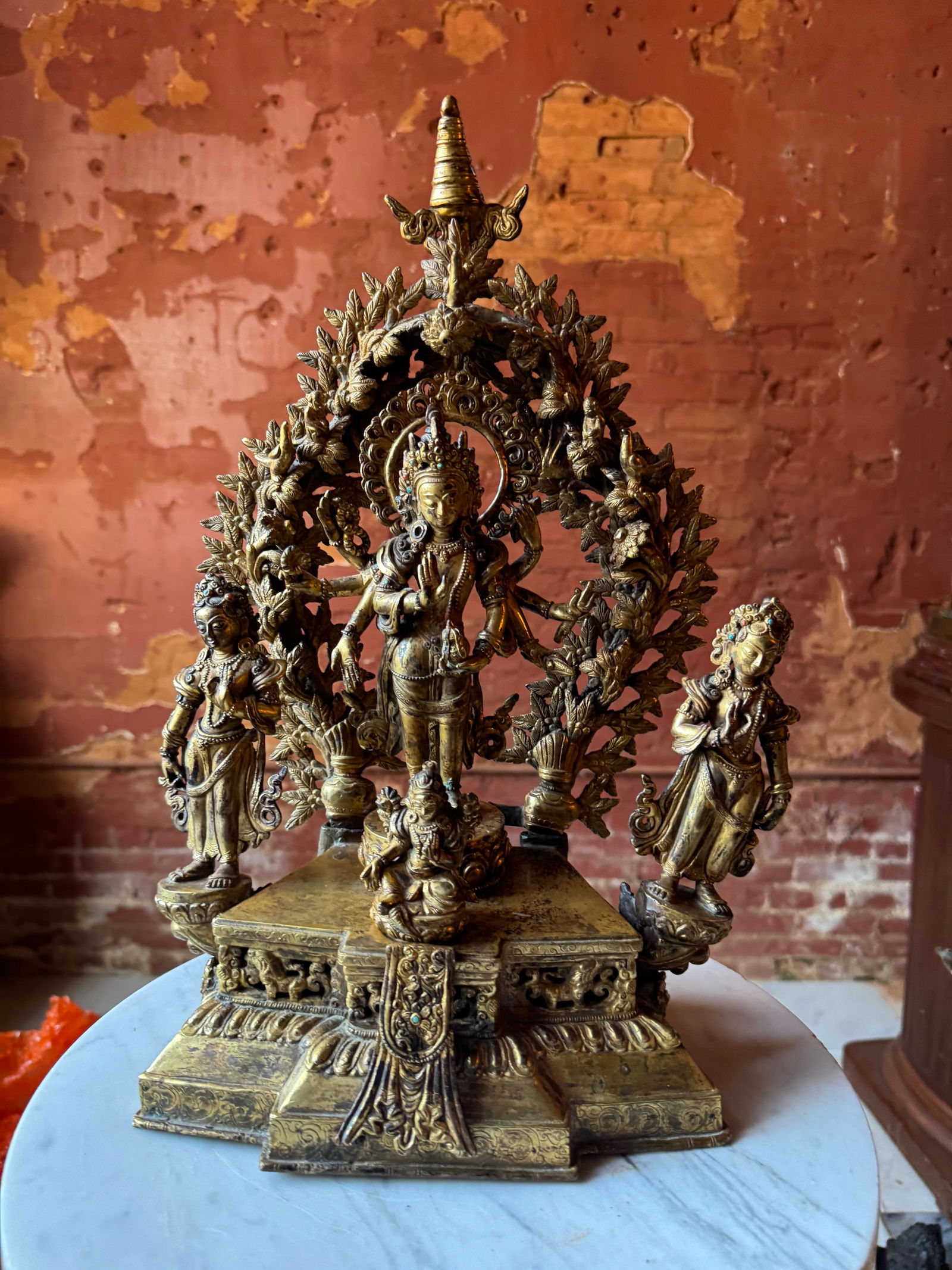 Fine Qing Dynasty Sino Tibetan Gilt shrine: Fine Qing dynasty Sino Tibetan Gilt Shrine. Exquisitely adorned with coral and turquoise jeweling. A highly complex multi figured group. From the private collection of Professor Emeritus Robert Hardgr