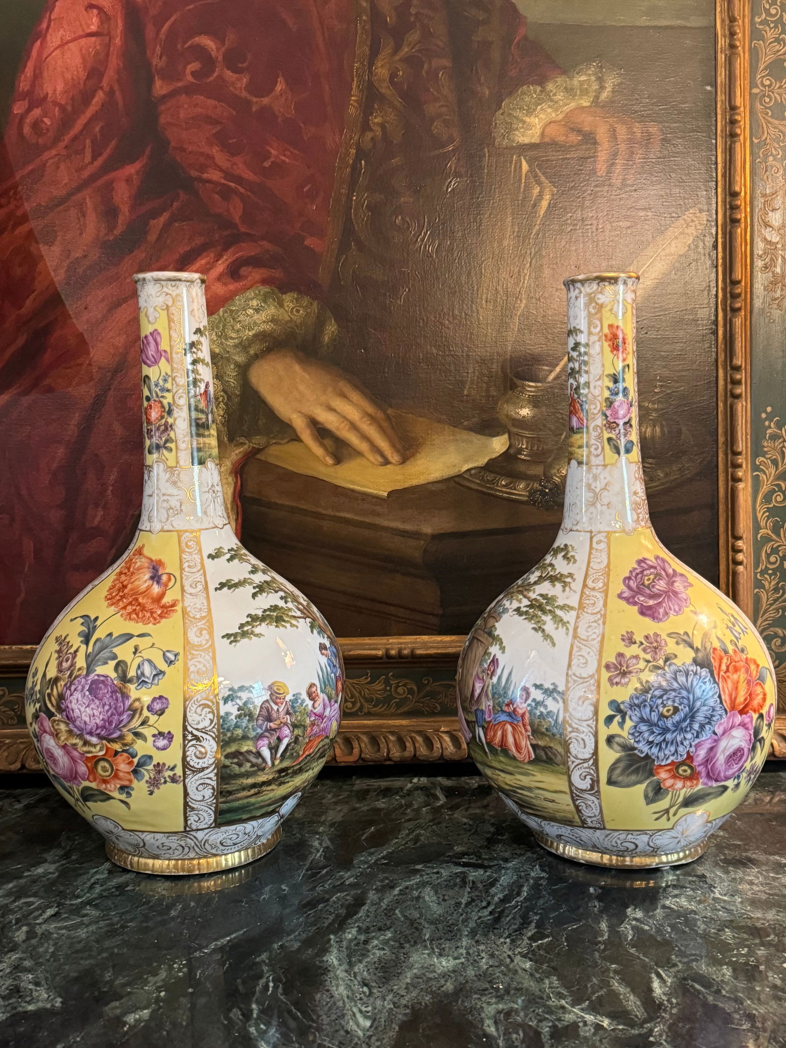 Fine Pair Meissen Vases Antique: Fine pair of Meissen marked bottle form vases. 19th century. Very fine quality
