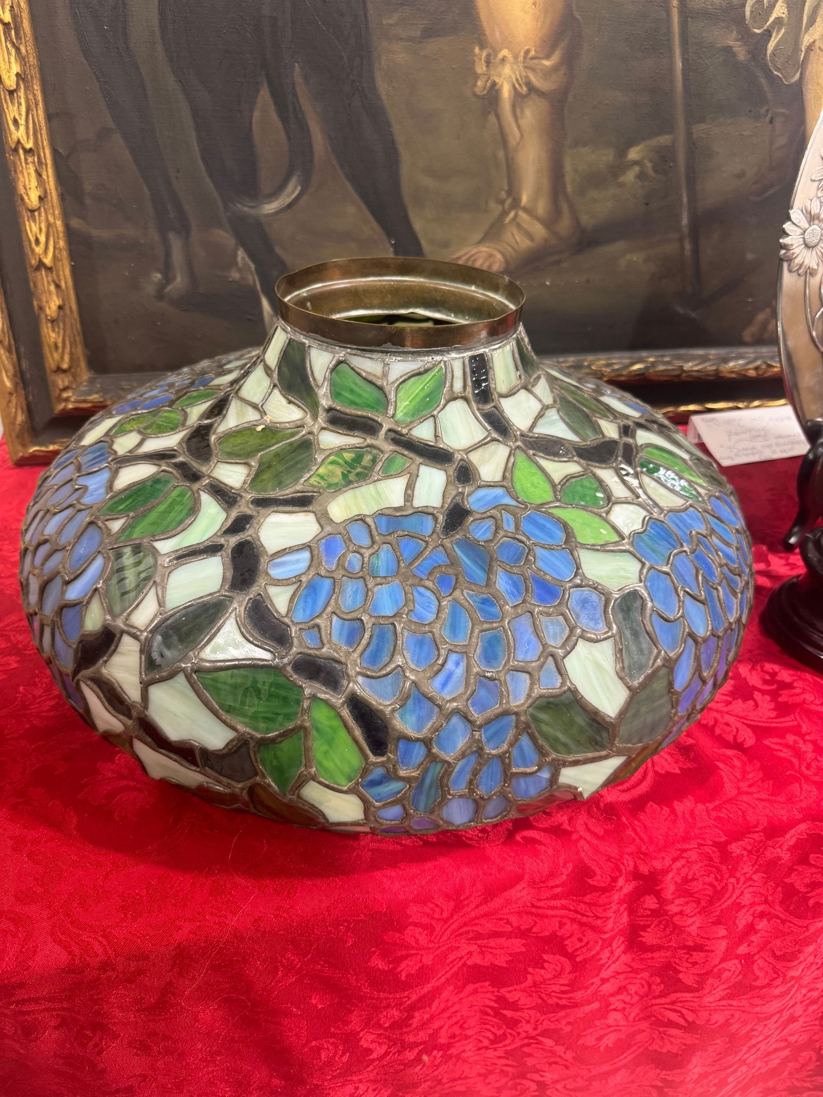 Art Nouveau Wisteria Stained Glass Shade: Art Nouveau wisteria Tiffany Studios style shade. Unsigned