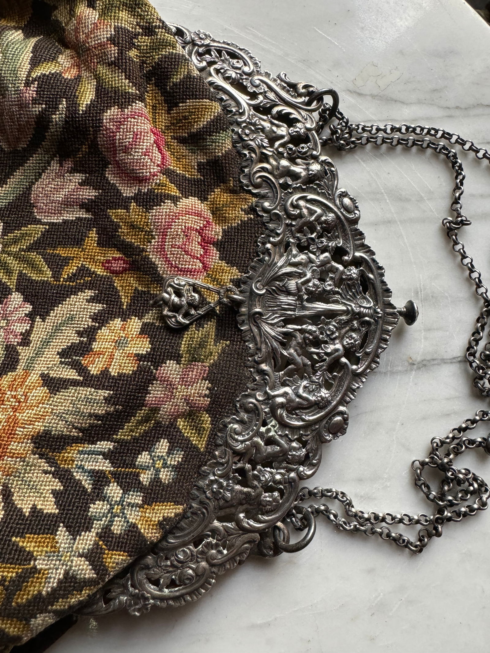 Victorian French Sterling Silver tapestry Purse (1 of 4)