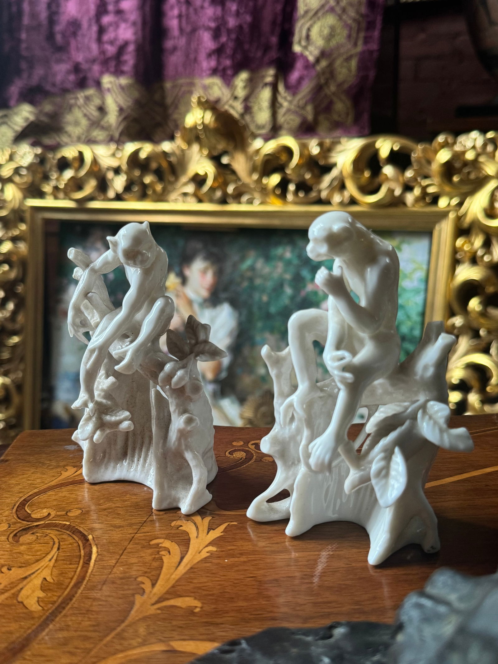 Pair of antique porcelain monkeys: Fine pair of antique porcelain figures of monkeys. Possibly German