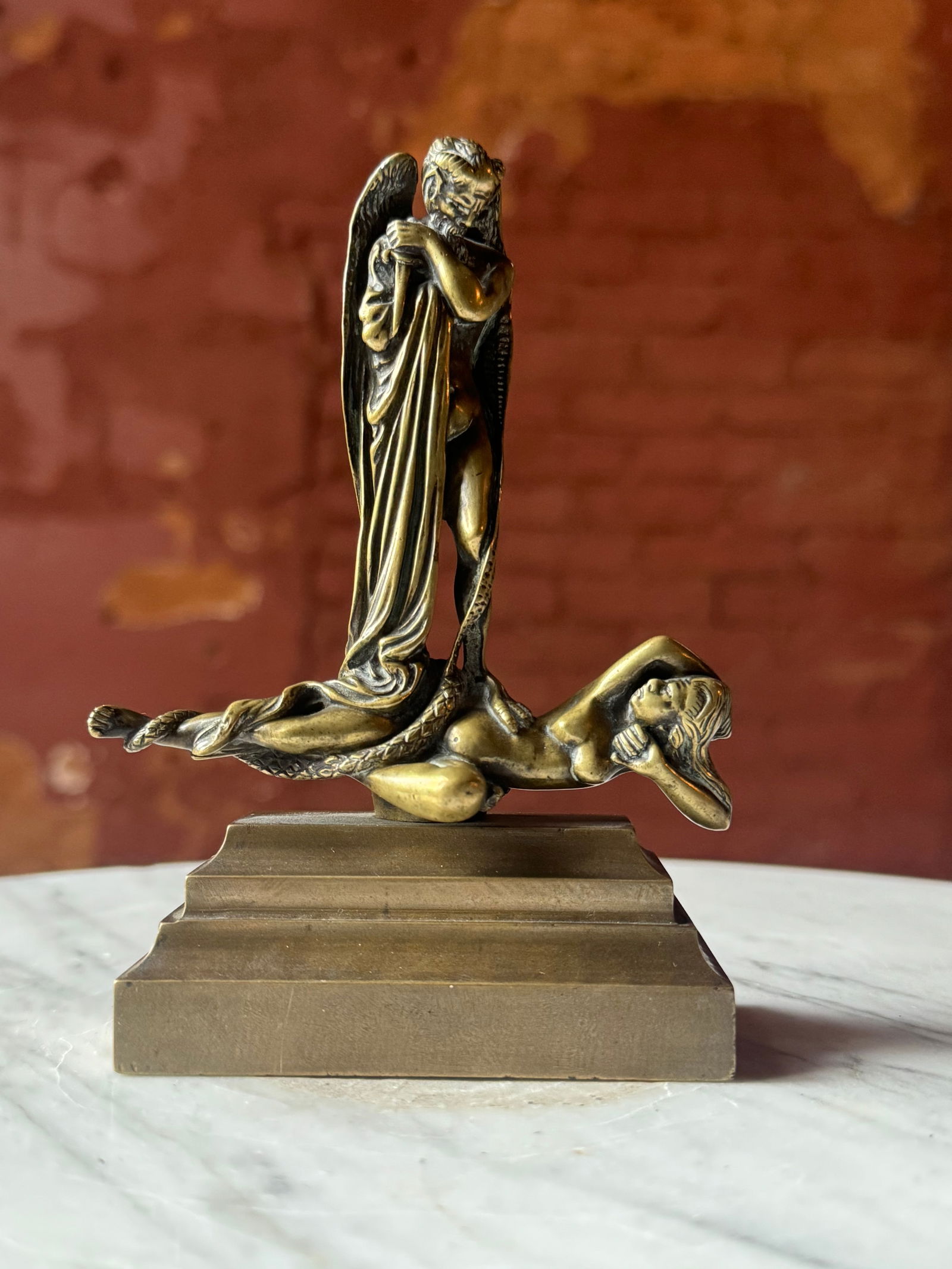 Rare French Art Nouveau Bronze Sculpture of Eve and The Fall in the Garden: Rare 1890’s 1900’s Art Nouveau Bronze sculpture of the Eve’s fall in the garden. No other version of this model can be found based upon our extensive research. Most likely French in origin. A ra