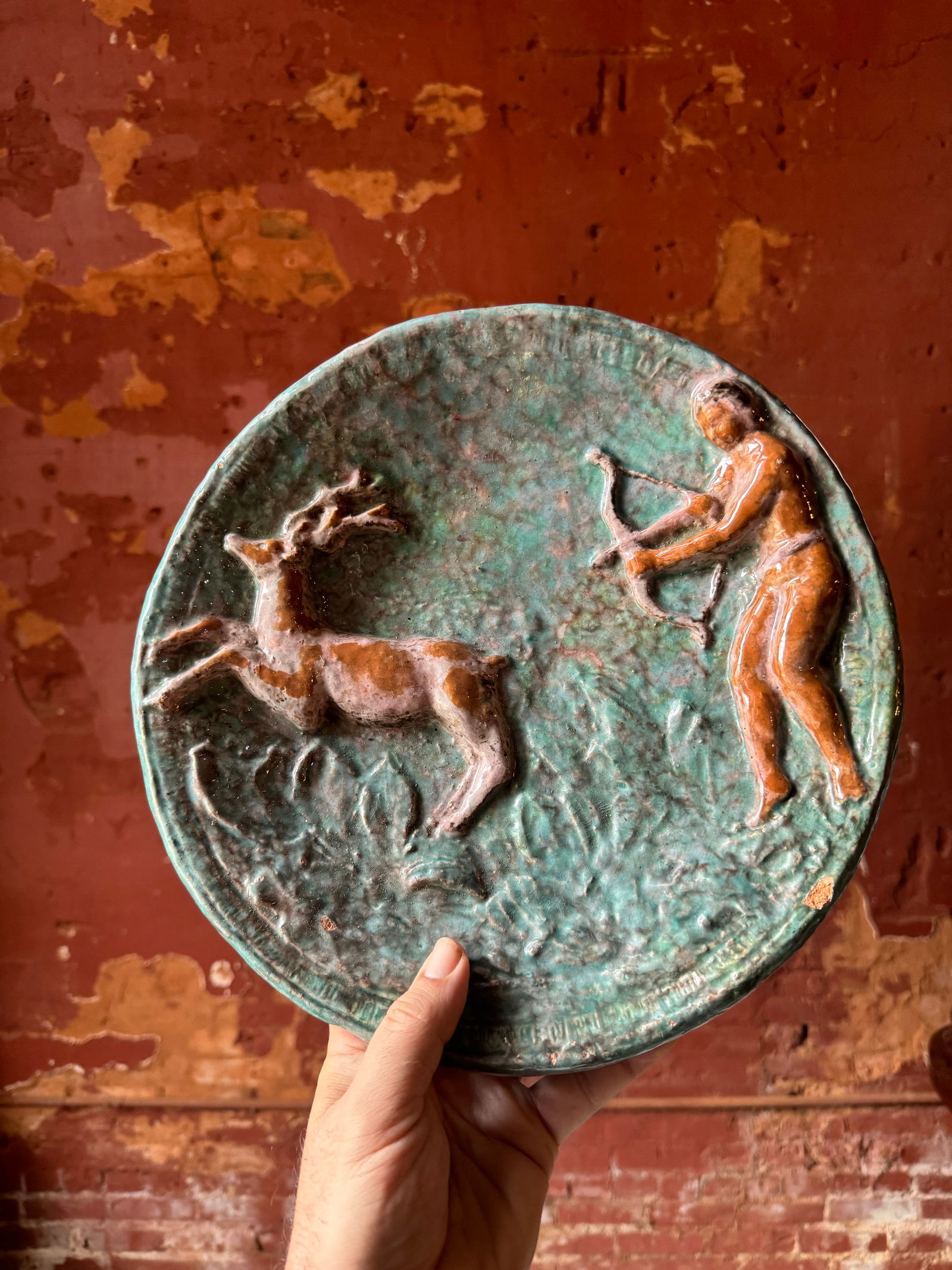 Early Majolica 18th century Charger Diana The Huntress: Amazing and early majolica Charger featuring Diana the huntress. 18th century or earlier.