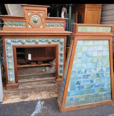 Rare French Art Nouveau Firplace Mantle Paris c.1904: Rare French Art Nouveau fireplace in the orientalist manner, featuring exquisite french blue pottery tiles by GENTIL & BOURDET Paris. Exhibited In L'ART DÉCORATIF REVUE MENSUELLE • ••�