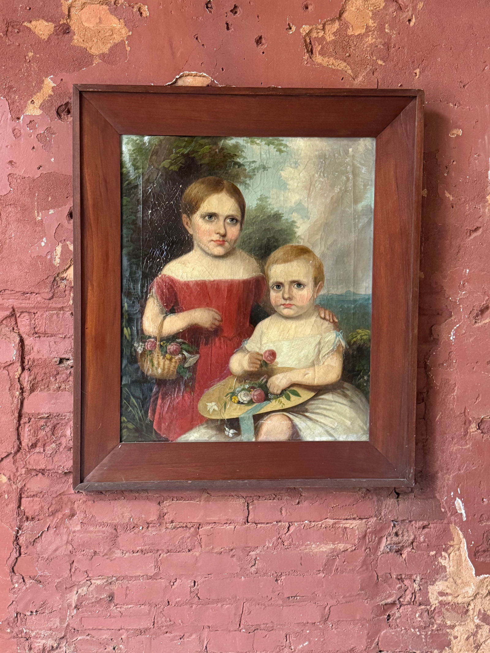 Southern Folk Art Painting Kentucky 1830’s: A fine untouched, original southern folk art painting found in Kentucky. Circuit 1830s retaining presumably its original Cherrywood frame. Likely a local Kentucky itinerary artist first quarter of the