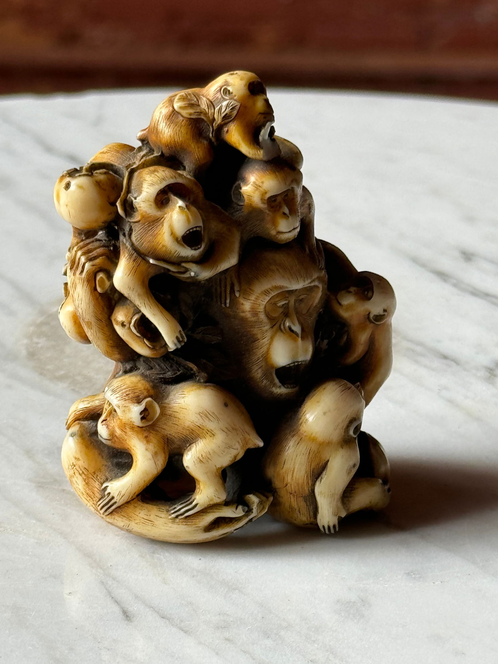 Exquisite Okimono Meiji period Sculpture Signed: Very fine Edo/Meiji period Okimono sculpture. Of the highest quality. Remnants of a signature present underneath. From a prominent USN collection formed in the 1920’s/30’s