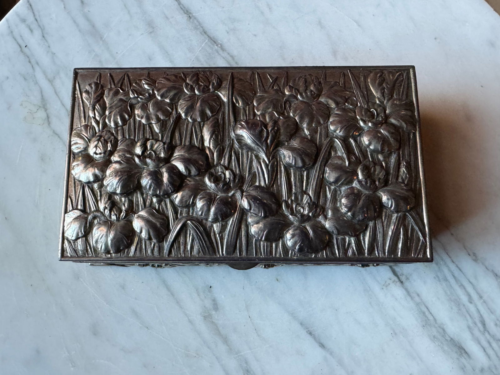 Meiji period Japanese Silver humidor: Beautiful Meiji period silver humidor featuring irises. Circa 1900 or so.