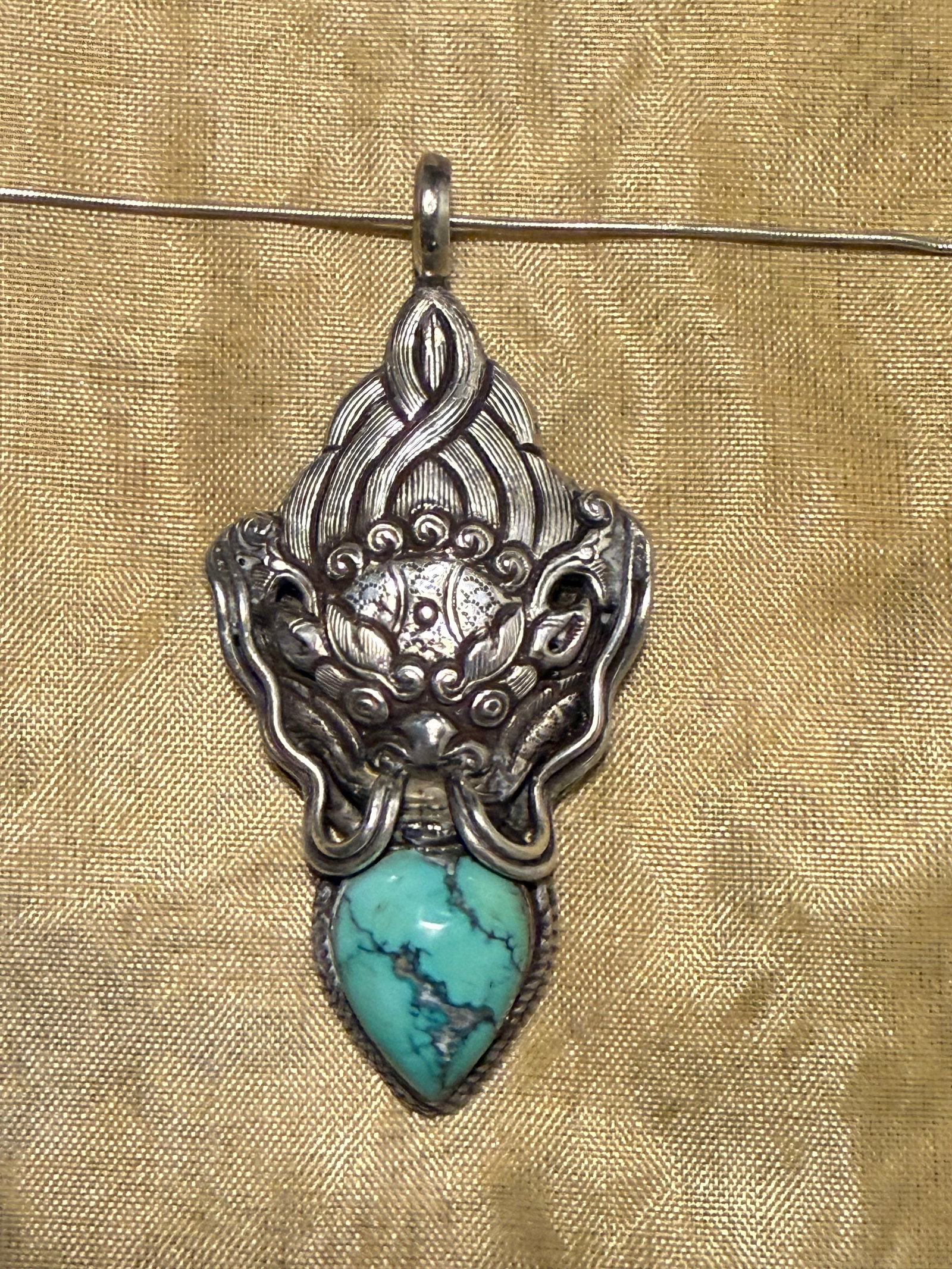 Qing Dynasty Tibetan Sterling w/turquoise Dragon amulet: Fine Sino-Tibetan Sterling and turquoise Dragon amulet