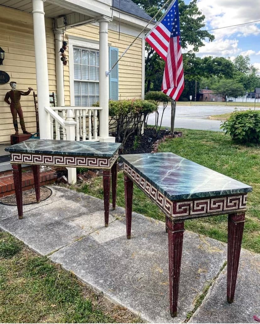 Antique Neoclassical Italian Console Tables: A beautiful pair of fine antique Italian neoclassical Venetian painted console tables. Featuring a beautiful Greek key carved motif. Additional photos and measurements to be added shortly