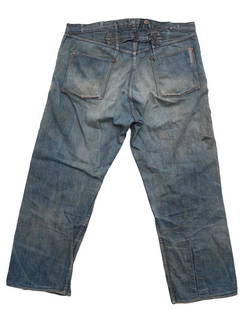 Early 20th Cent Frontier BRAND Denim Jeans VINTAGE: INCREDIBLY RARE BRAND "FRONTIER" BRAND JEAND MADE FOR HARD WORK ON THE GREAT PLAINS OF THE AMERICAN WEST PRE 1920s SUSPENDER BUTTON ERA Size 35" WAIST 29" INSEAM condition: GOOD/WEARABLE