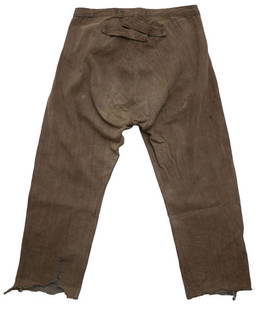 1800s canvas pants/ jeans vintage work denim: exquisite and extremely rare early pair of pioneer jeans brownish cloth with denim feel and incredibly rare interior weave, possibly amoskeag unbranded, possibly homemade features include