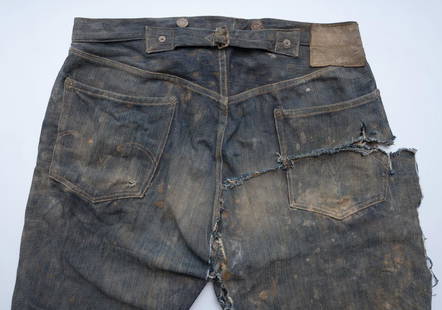 2 pc Lot Jacket + early 1900s levis denim jeans: these 2 items were found together in a mine the jacket is a phenomenally designed piece and could be installed in a museum on its own merits it measures as follows: 18” Shoulders 25" Sleeves 