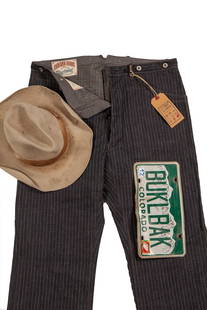 3/pc INDIANA JEANS COLLECTION: Signed trail worn hat w/quote blue blanket “Indiana jeans' Jeans” + Custom Buckleback license plate.Condition see Photos Hat7-7.15 hat size 15”x12” brim size plate 12” x