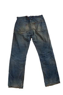 UNKNOWN FRONTIER BRAND BUCKLEBACKDENIM JEANS w/ SUSPENDER BUTTONS: 1900-1920 34”-35” waist 34” inseam No Reserve
