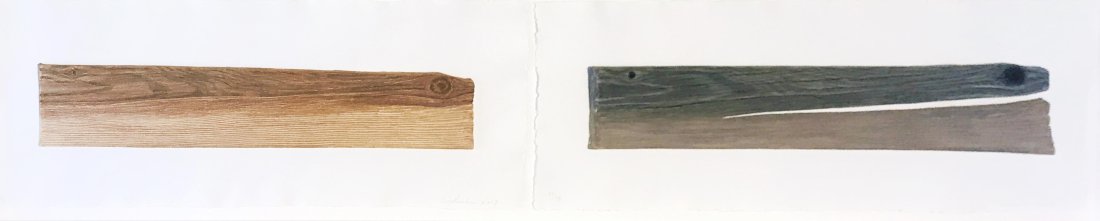 Ed Ruscha | New Wood, Old Wood: New Wood, Old Wood; 2007; Diptych relief print on handmade paper; 13 x 34 inches; Edition of 75