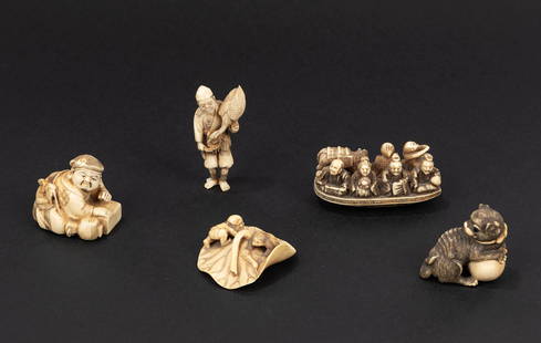 ☼FIVE IVORY NETSUKE/OKIMONO, Japan, Meiji period (1868-1912): Depicting a boat with five figures and a horse, a leaf with two oni, a farmer with a crane, a male figure with a mouse, and a small dog with a ball, different authors. CITES certification is available