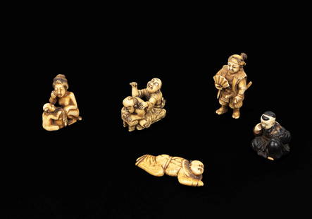 ☼FIVE IVORY NETSUKE/OKIMONO, Japan, Meiji period (1868-1912): Depicting a woman and child bathing, two male figures playing, a male figure lying down, a warrior figure with fan, and a partially ebonized child figure, different authors. CITES certification is ava