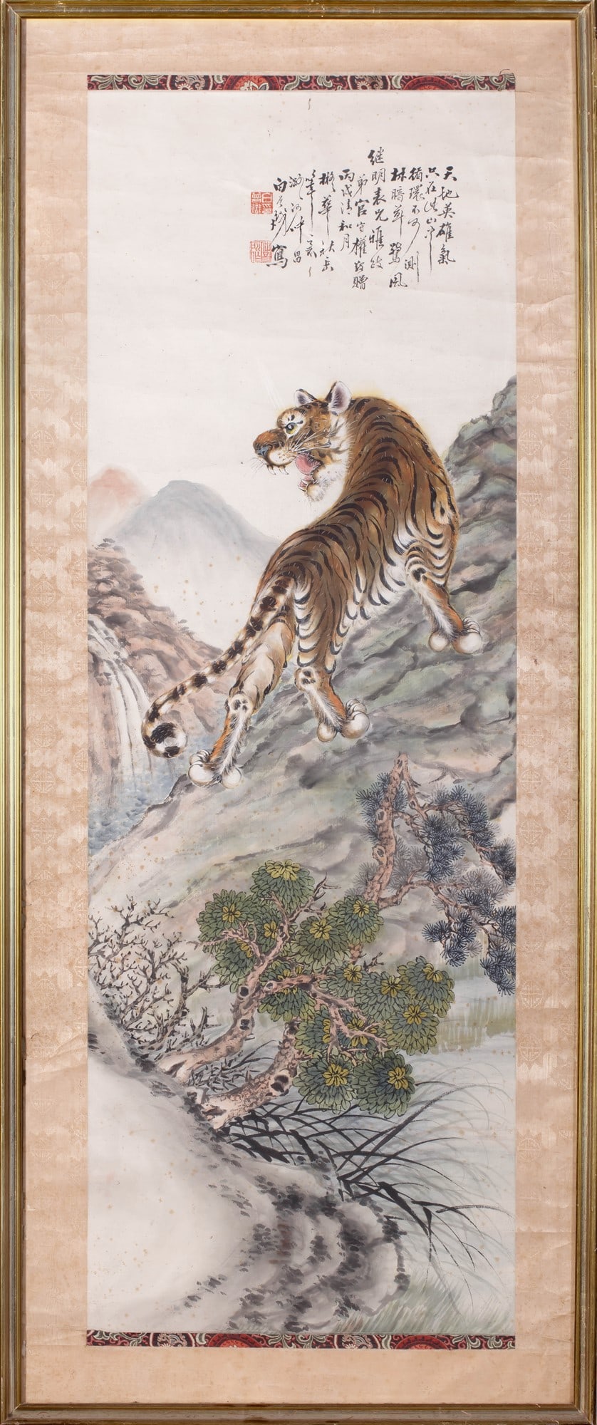 A PAINTING ON PAPER, China, 19th / 20th century: With frame h cm 135,5 x l cm 56,5Depicting a tiger in a landscape; there are inscriptions in the upper right corner.?????