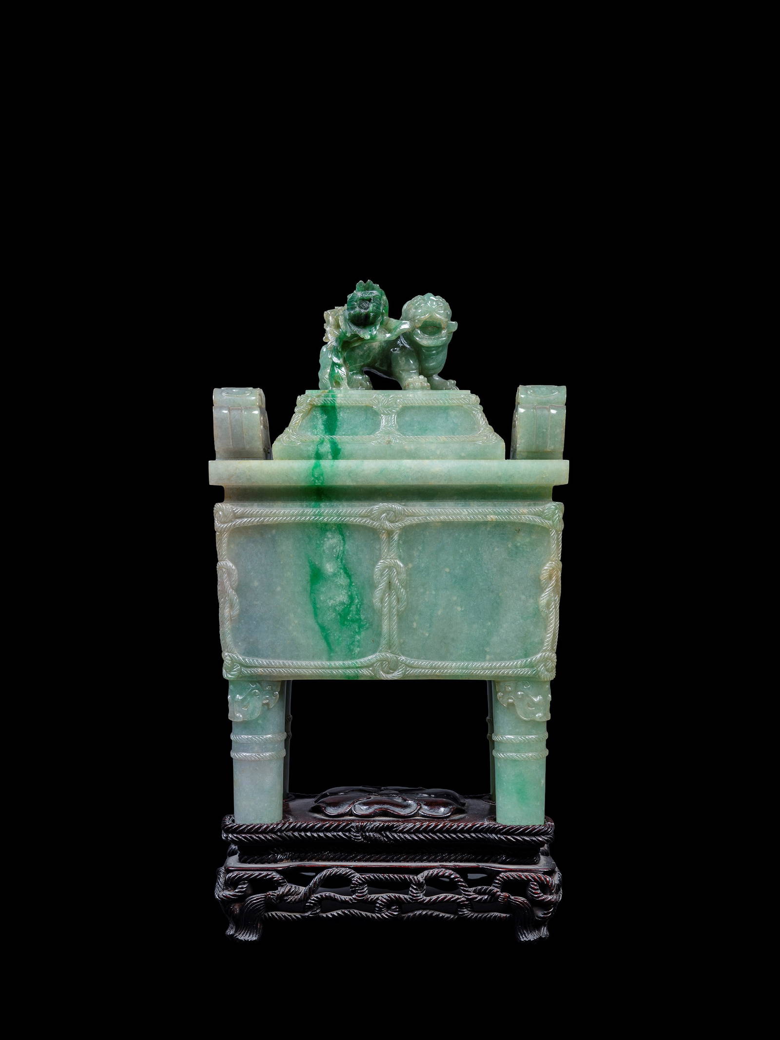A RARE MOTTLED APPLE GREEN JADEITE CENSER AND COVER, FANGDING, China, Qing dynasty, possibly Qianlon